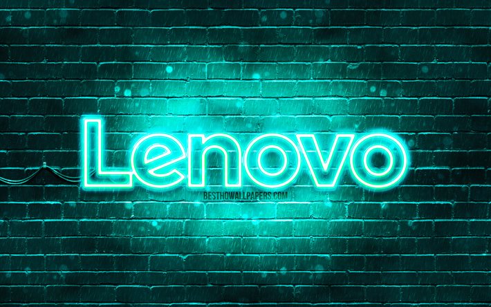 lenovo turquoise-logo, 4k, turquoise brickwall, das lenovo logo, brands, lenovo neon-logo, lenovo