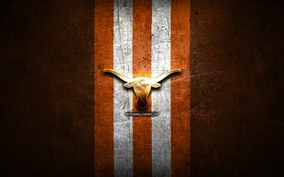 Texas Longhorns, golden logo, NCAA, orange metal background, american football club, Texas Longhorns logo, american football, USA