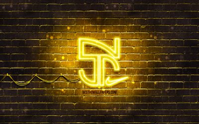 Neymar Jr giallo logo, 4k, Neymar nuovo logo, giallo brickwall, Neymar Jr, fan art, Neymar Jr logo, stelle del calcio, Neymar Jr neon logo, Neymar da Silva Santos Junior