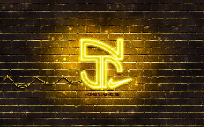 Neymar Jr giallo logo, 4k, Neymar nuovo logo, giallo brickwall, Neymar Jr, fan art, Neymar Jr logo, stelle del calcio, Neymar Jr neon logo, Neymar da Silva Santos Junior