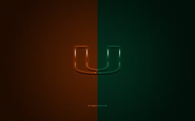 Miami Hurricanes logo, American football club, NCAA, green-orange logo, green-orange carbon fiber background, American football, Miami Gardens, Florida, USA, Miami Hurricanes