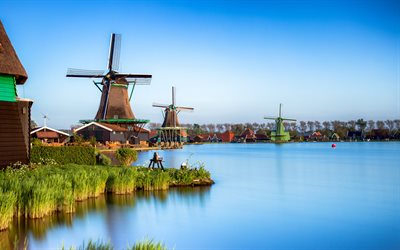 Zaanse Schans متحف في الهواء الطلق, 4k, بحيرة, الطبيعة الجميلة, الصيف, طواحين الهواء, أمستردام, هولندا, أوروبا