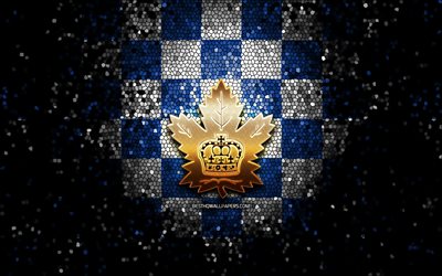 Toronto Marlies, glitter, logo, AHL, blu, bianco, sfondo a scacchi, USA, squadra di hockey canadese, Toronto Marlies logo, mosaico, arte, hockey, America
