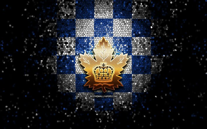Toronto Marlies, glitter logotyp, AHL, bl&#229;-vit rutig bakgrund, USA, kanadensisk ishockey, Toronto Marlies logotyp, mosaik konst, hockey, Amerika
