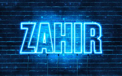 Zahir, 4k, sfondi per il desktop con i nomi, il testo orizzontale, Zahir nome, Felice Compleanno Zahir, neon blu, immagine con nome Zahir