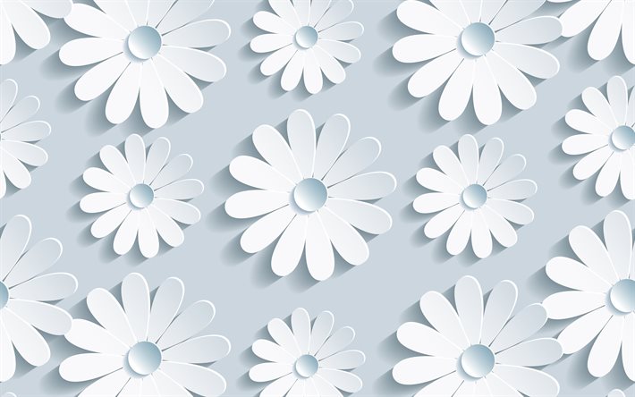3D margherite, 4k, motivi floreali, sfondo grigio, 3D fiori, grigio sfondo astratto, 3D fiori texture, bianco, 3D, fiori, texture 3D, sfondo con fiori