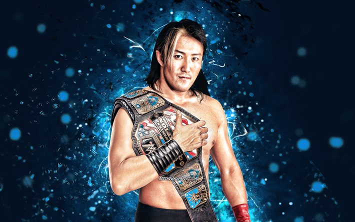 Yoshi Tatsu, 4k, lutador japon&#234;s, WWE, luzes de neon azuis, Naofumi Yamamoto, wrestling, Yoshi Tatsu com cinto, criativo, lutadores, Yoshi Tatsu 4K