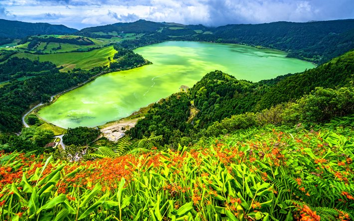 Furnas Lake, 4k, HDR, yaz, g&#252;zel bir doğa, Azores, Portekiz, Avrupa
