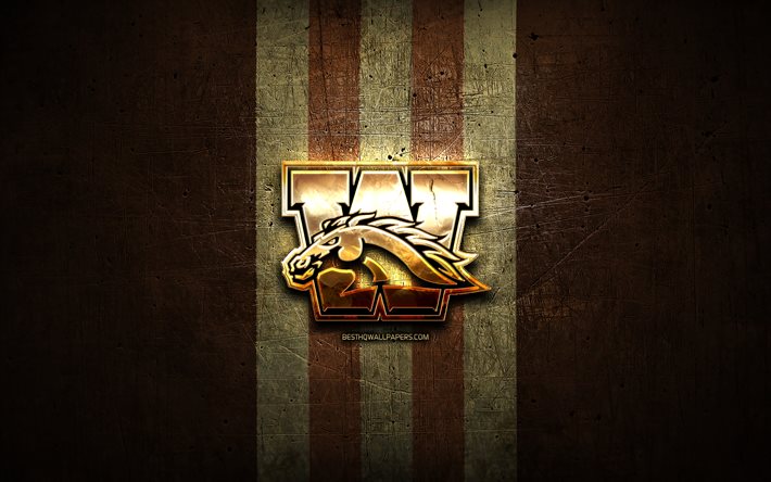 Western Michigan Broncos, kultainen logo, NCAA, ruskea metalli tausta, american football club, Western Michigan Broncos logo, amerikkalainen jalkapallo, USA
