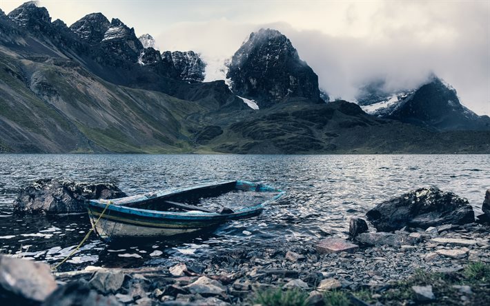 海岸, 古いボート, 波, 海景, 山の風景, アイスランド