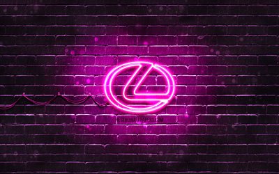 Lexus紫色のロゴ, 4k, 紫brickwall, Lexusロゴ, 車ブランド, レクサスネオンのロゴ, レクサス