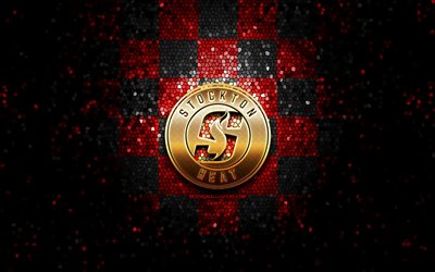 Stockton Heat, glitter logo, AHL, red black checkered background, USA, canadian hockey team, Stockton Heat logo, mosaic art, hockey, America