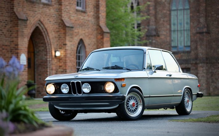 1976, BMW 2002, E10, front view, exterior, white coupe, retro cars, German cars, BMW