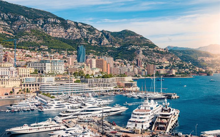 Monte Carlo, estate, paesaggio urbano, Mediterraneo, Mare, yacht di lusso, paesaggio di montagna, principato di Monaco