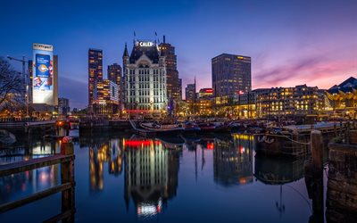 Rotterdam, Porto Vecchio, sera, tramonto, barche, edifici, paesaggio urbano, Wijnhaven, paesi Bassi