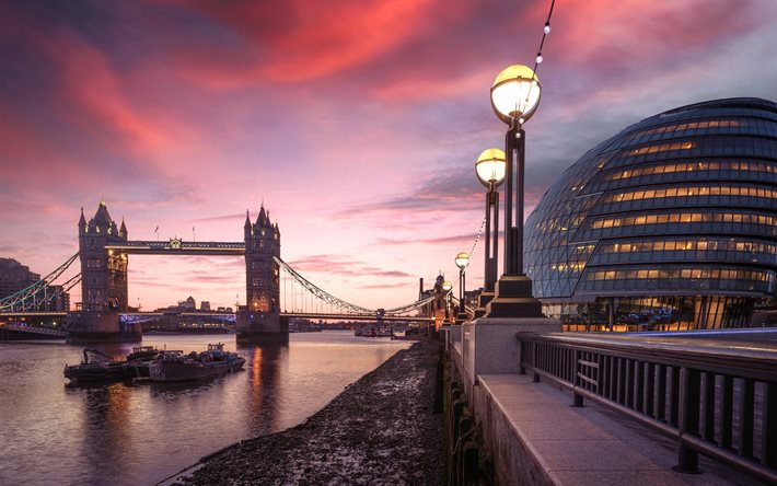 لندن, جسر البرج, مساء, غروب الشمس, المباني الحديثة, نهر التايمز, لندن سيتي سكيب, إنجلترا, المملكة المتحدة