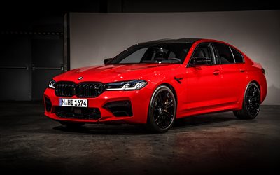 2021, BMW M5 Competition, n&#228;kym&#228; edest&#228;, ulkoa, uusi punainen M5, musta py&#246;r&#228;t, uusi BMW 5-punainen, Saksan autoja, BMW