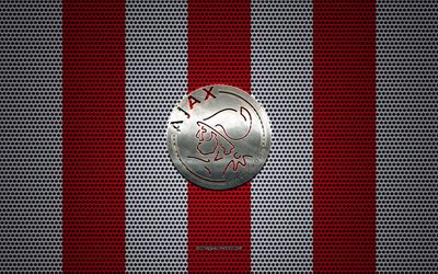Ajax FC logo, Dutch football club, metal emblem, red and white metal mesh background, AFC Ajax, Eredivisie, Amsterdam, Netherlands, football, Ajax Amsterdam