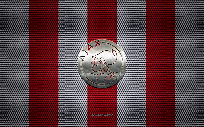 Ajax FCロゴ, オランダサッカークラブ, 金属エンブレム, 赤と白の金属メッシュの背景, AFC Ajax, Eredivisie, アムステルダム, オランダ, サッカー, Ajaxアムステルダム