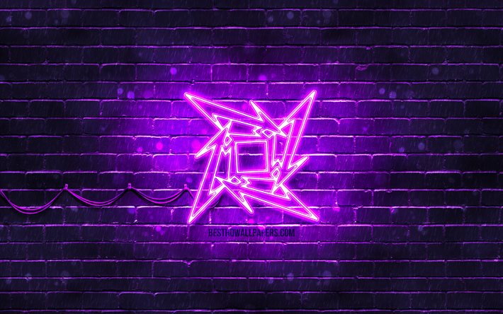 Metallica violette logo, 4k, violet brickwall, Metallica, le logo, les stars de la musique, Metallica n&#233;on logo