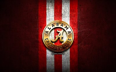 Alabama Crimson Tide, golden logo, NCAA, red metal background, american football club, Alabama Crimson Tide logo, american football, USA