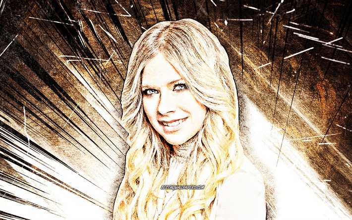 4k, Avril Lavigne, grunge konst, kanadensisk s&#229;ngare, musik stj&#228;rnor, kreativa, brun abstrakt str&#229;lar, kanadensiska k&#228;ndis, Avril Ramona Lavigne, superstars, sk&#246;nhet, Avril Lavigne 4K