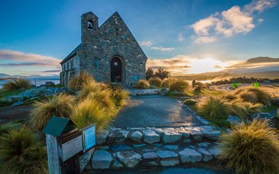Lake Tekapo, chiesa, Mackenzie District, sera, tramonto, lago, chiesa di pietra, Nuova Zelanda
