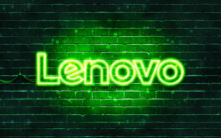 lenovo-green-logo, 4k, brickwall green, lenovo logo, marken, lenovo, neon-logo