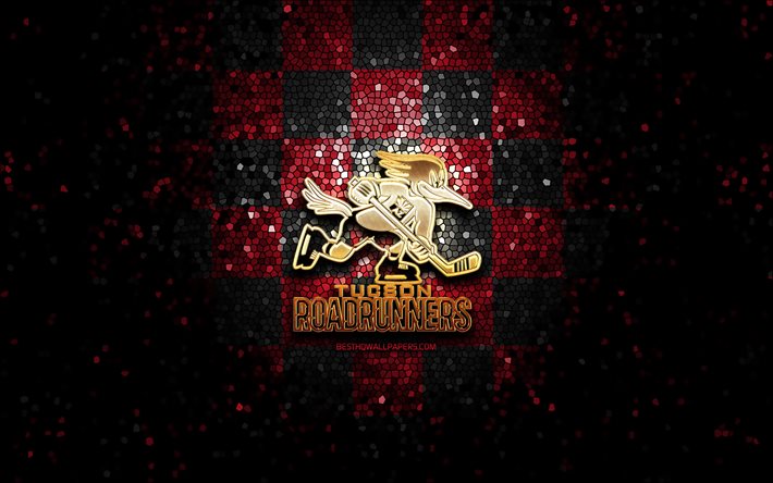 Tucson Roadrunners, glitter logo, AHL, purple black checkered background, USA, canadian hockey team, Tucson Roadrunners logo, mosaic art, hockey, America