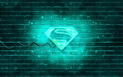 Superman turquoise logo, 4k, turquoise brickwall, Superman logo, superheroes, Superman neon logo, Superman