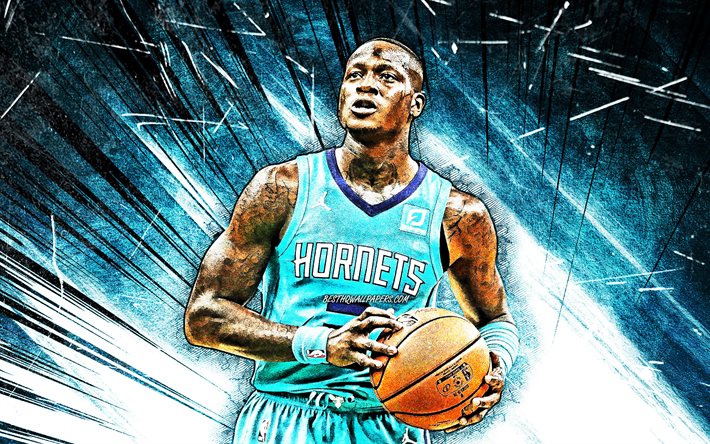 4k, Terry Rozier, grunge art, Charlotte Hornets, NBA, basketball, blue abstract rays, Terry William Rozier III, USA, Terry Rozier Charlotte Hornets, creative, Terry Rozier 4K