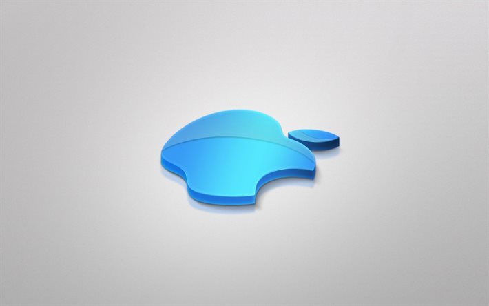 Apple logo 3D, minimalismo, Apple, creativo, sfondo grigio, 3D arte, Apple logo blu, il logo Apple
