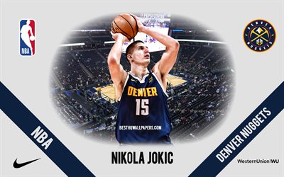 Nikola Jokic, Denver Nuggets, Serbian Basketball Player, NBA, portrait, USA, basketball, Pepsi Center, Denver Nuggets logo