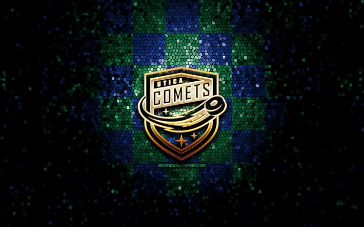 Utica Comets, glitter logo, AHL, blue green checkered background, USA, canadian hockey team, Utica Comets logo, mosaic art, hockey, America