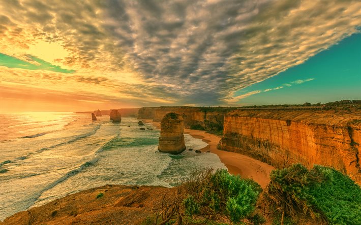 Australien, 4K, sunset, ocean, kusten, vacker natur, Vintergatan