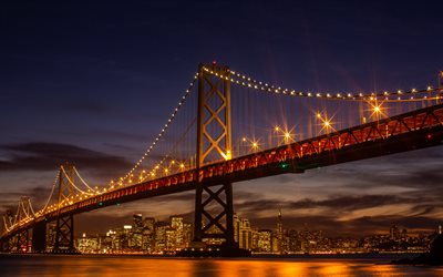 Ponte Da Ba&#237;a, San Francisco-Oakland Bay Bridge, San Francisco, O Embarcadero, noite, ponte, p&#244;r do sol, San Francisco paisagem urbana, horizonte, EUA