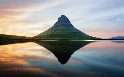 Kirkjufell Mount, summer, icelandic landmarks, sunset, Grundarfjordur, Iceland, Europe, beautiful nature