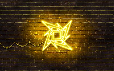Metallica sarı logo, 4k, sarı brickwall, Metallica logo, m&#252;zik yıldızları, Metallica neon logo, Metallica