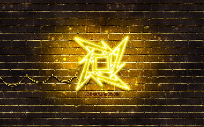 ميتاليكا الشعار الأصفر, 4k, الأصفر brickwall, ميتاليكا شعار, نجوم الموسيقى, ميتاليكا النيون شعار, ميتاليكا