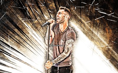 4k, Adam Levine, grunge art, american singer, Maroon 5, music stars, creative, Adam Noah Levine, brown abstract rays, american celebrity, Adam Levine with microphone, superstars, Adam Levine 4K