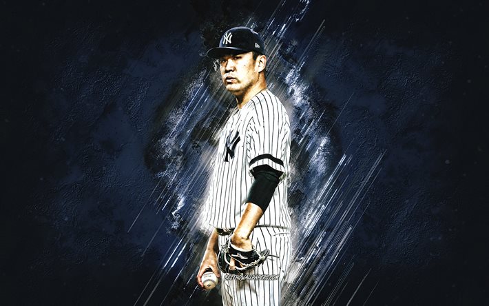 Masahiro Tanaka, MLB, New York Yankees, bl&#229; sten bakgrund, baseball, portr&#228;tt, USA, Japansk baseball-spelare, kreativ konst