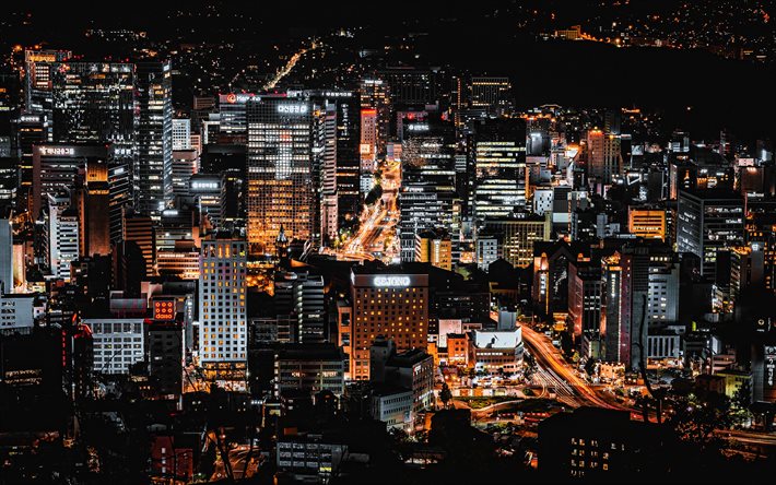 Seoul, 4k, moderna byggnader, megapolis, Sydkorea, Asien, natt, Seoul p&#229; natten
