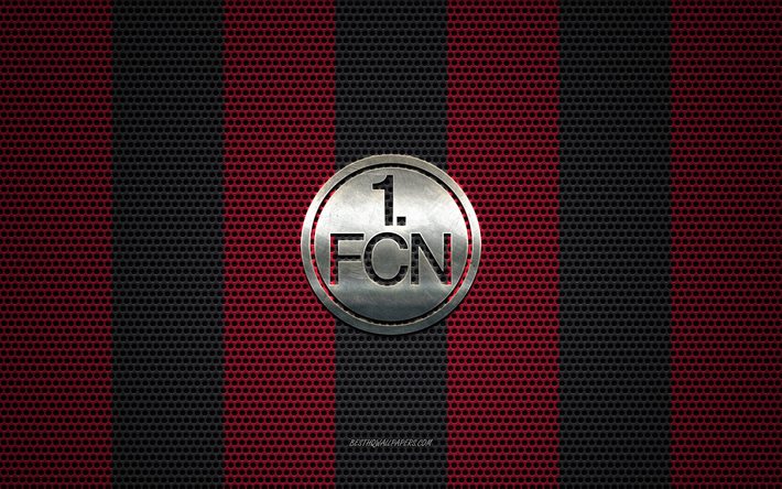 FC Nurnberg logo, German football club, metal emblem, red-black metal mesh background, FC Nurnberg, 2 Bundesliga, Nurnberg, Germany, football