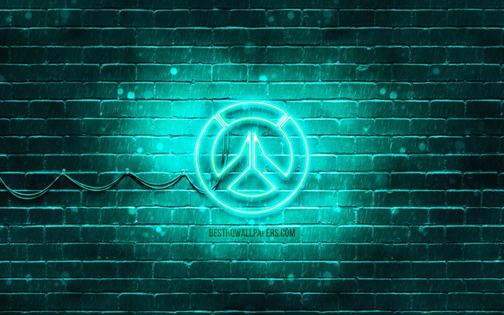 Overwatch turkoosi logo, 4k, turkoosi brickwall, Overwatch-logo, 2020-pelit, Overwatch neon-logo, Overwatch