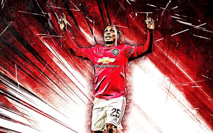 4K, Odion Ighalo, grunge art, Manchester United FC, Nigerian footballers, Premier League, Odion Jude Ighalo, red abstract rays, soccer, football, Man United, Odion Ighalo 4K