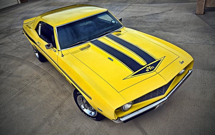 Chevrolet Camaro, HDR, 1969 coches, supercars, retro cars, amarillo Camaro, coches del m&#250;sculo, Chevrolet Camaro de 1969, coches americanos, Chevrolet