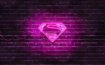 Superman purple logo, 4k, purple brickwall, Superman logo, superheroes, Superman neon logo, Superman