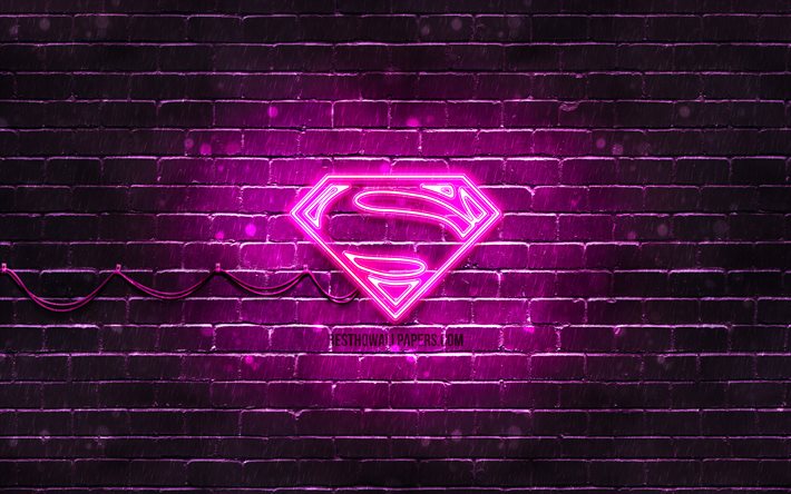 Superman lila logotyp, 4k, lila brickwall, Superman logotyp, superhj&#228;ltar, Superman neon logotyp, Superman