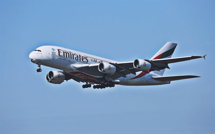 Airbus A380, blue sky, close-up, Flying A380, airliner, passenger planes, Airbus, A380, HDR