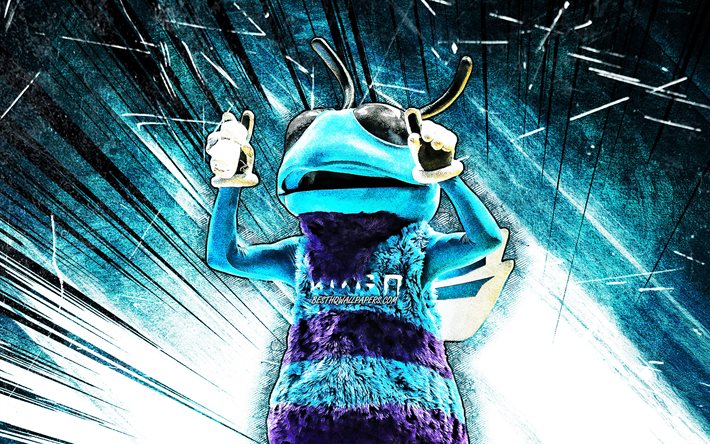4k, Hugo, grunge arte, mascote, Charlotte Hornets, NBA, criativo, EUA, Charlotte Hornets mascote, azul resumo raios, NBA animais de estima&#231;&#227;o, mascote oficial, Hugo mascote